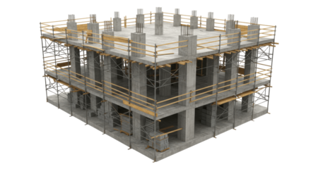 Concrete Frame of a Building Under Construction with Scaffolding on a Transparent PNG Background , construction, concrete, frame, structure, scaffolding, construction site