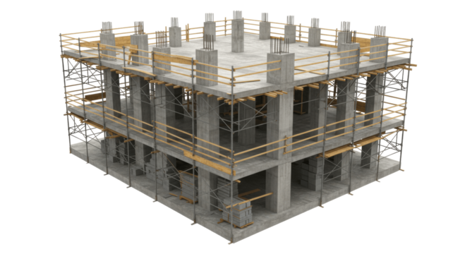 Concrete Frame of a Building Under Construction with Scaffolding on a Transparent PNG Background , construction, concrete, frame, structure, scaffolding, construction site