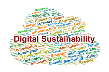 Digital Sustainability Word Cloud. Core Concepts for Greener Technology Solutions