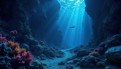 Mysterious deep sea trench, bioluminescent life, sea, darkness, hadal