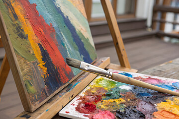 Vivid landscape oil painting on canvas showcasing impressionist palette brush. Features colorful fields and mountain views, ideal for elevating corporate settings and engaging investor presentations.