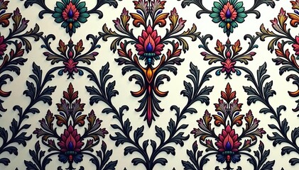 Intricate floral damask design in elegant monochrome, motif, floral