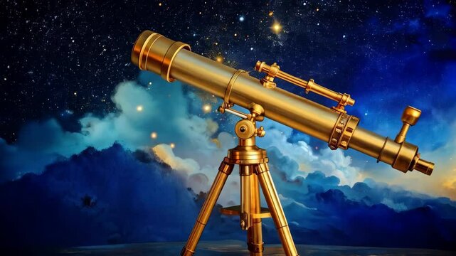 Antique Brass Telescope Pointed at Starry Night Sky Exploring the Cosmos and Universe