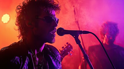 A male musician performing live on stage with sunglasses