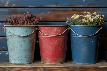 Rustic buckets hold heather and daisies against a blue wood background. Use this for a floral arrangement or gardening related designs.