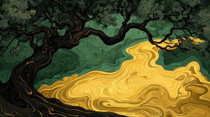 Abstract Golden Valley Landscape with Dark Tree