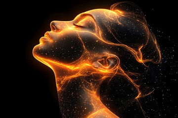 Woman's profile lit by glowing streaks, eyes closed against black. Energy radiates around her, ethereal and serene