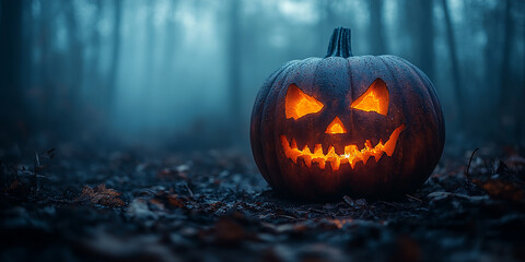 Halloween pumpkin in the forest, Halloween pumpkins in the forest at night.Halloween background with an Evil Pumpkin. Spooky, scary, Night forest. Holiday event Halloween banner background