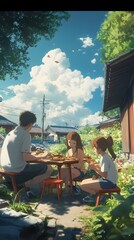Anime family eating cold soba during a hot summer day