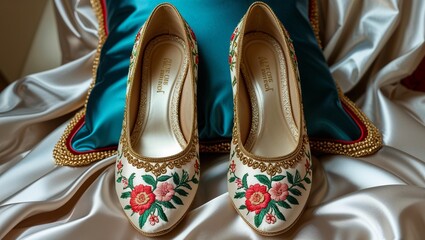 Vintage accessories embroidered court shoes antique fashion looks on satin cushion background