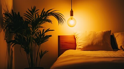 A bedroom illuminated with a warm glow and a potted plant