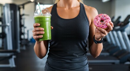 Holding Smoothie and Donut After Exercising at Gym for Healthy Lifestyle