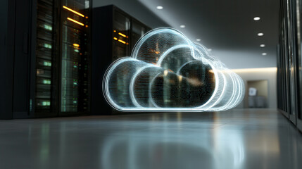Glowing cloud icon in a futuristic server room illustrating the essence of digital cloud technology and data management