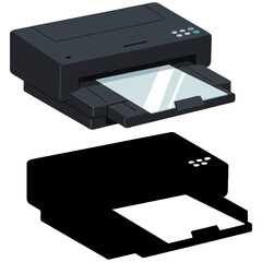 Vector illustration of a document scanner in open-lid position, shown in both colored and silhouette versions, ideal for office, tech, and educational use.