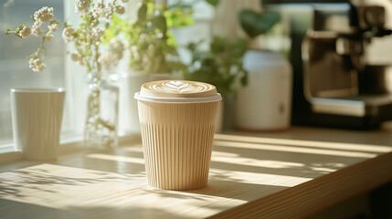cup of coffee made of  bamboo isolated on a wooden table aesthetic room background with sunlight from the window