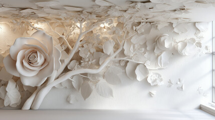 Elegant 3D wallpaper design with roses and leaves showcasing a stunning stretched ceiling in a bright white background