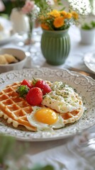 Anime-style family brunch with waffles eggs and smoothies