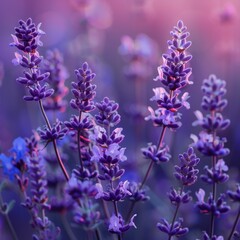 Obraz premium Closeup of vibrant purple lavender flowers in warm evening light