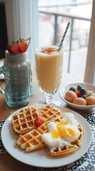 Anime-style family brunch with waffles eggs and smoothies
