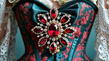 Vintage accessories garnet brooch antique fashion looks on corset lace background