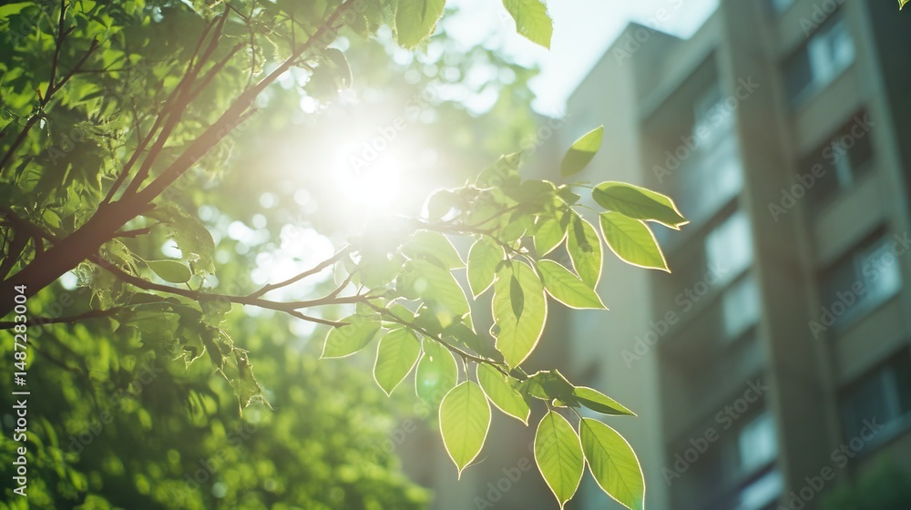 Poster sunlight filters through tree leaves with a city building visible