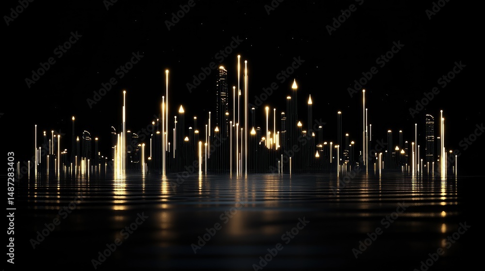 Poster a dark scene with illuminating structures and reflective surface