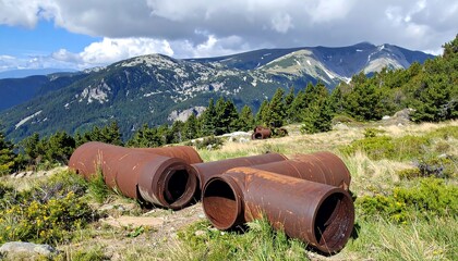 Rusty Pipes and Mountain Vista: A Serene Landscape