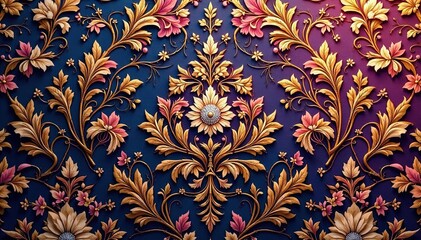 Intricate floral damask, elegant gold accents, classic, print, luxury