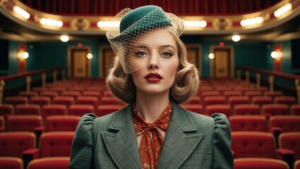 Vintage accessories netted top hat retro fashion looks on theater box background