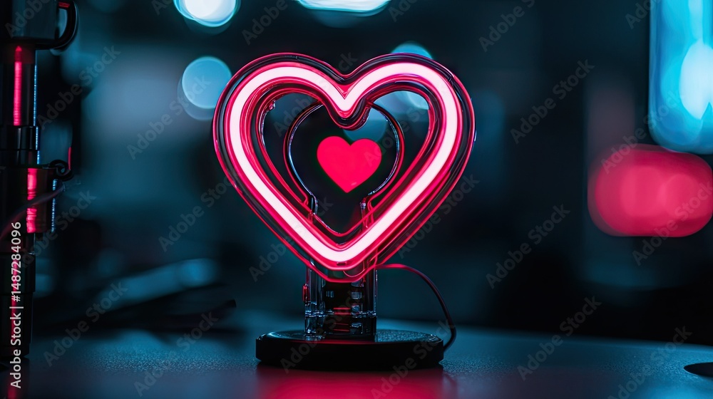 Poster illuminated neon hearts creating a romantic and vibrant visual display