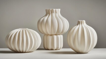 Obraz premium Three Textured Cream Ceramic Vases on Light Background