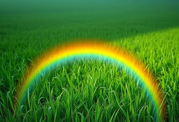 Naklejka premium Gentle spring rainbow arcing over a lush green field, glistening with raindrops; perfect for design inspiration, peaceful, tranquil