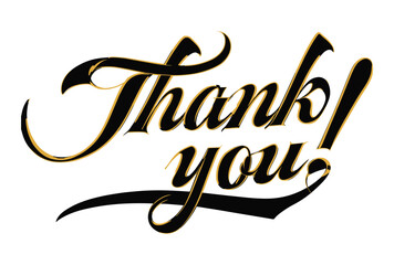 PrintThank you lettering sign with black/gold stars. Handwritten modern brush lettering on white background. Text for postcard, invitation, T-shirt print design, banner, poster, web, icon. Isolated ve