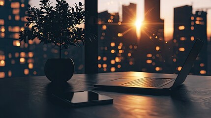 A laptop and phone on a desk in a modern office space