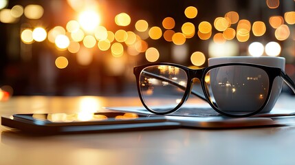 Glasses and coffee cup sit beside a smartphone on a table