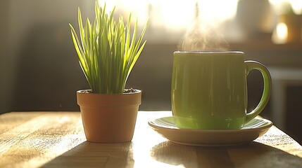 A steaming green cup and small potted plant in sunlight
