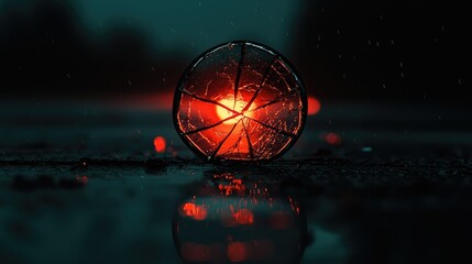 A broken glass sphere illuminated from the inside showing cracks