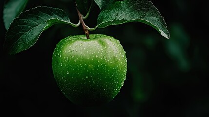 A close up image of a green apple on a branch