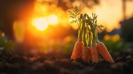 Freshly harvested carrots standing upright in the garden soil