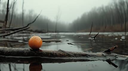 An orange sphere rests on a branch above still tranquil water