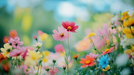Beautiful field of various colorful flowers gently swaying in the breeze
