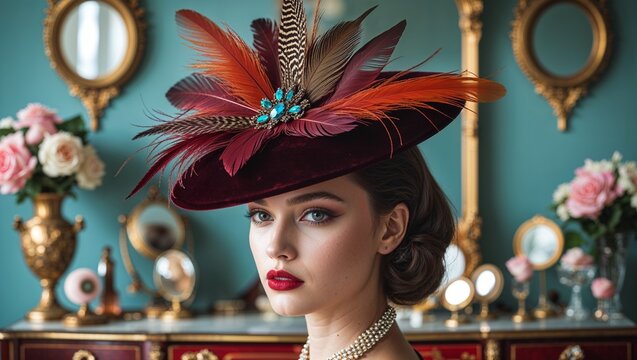Vintage accessories velvet feathered fascinator retro fashion looks on vanity desk background
