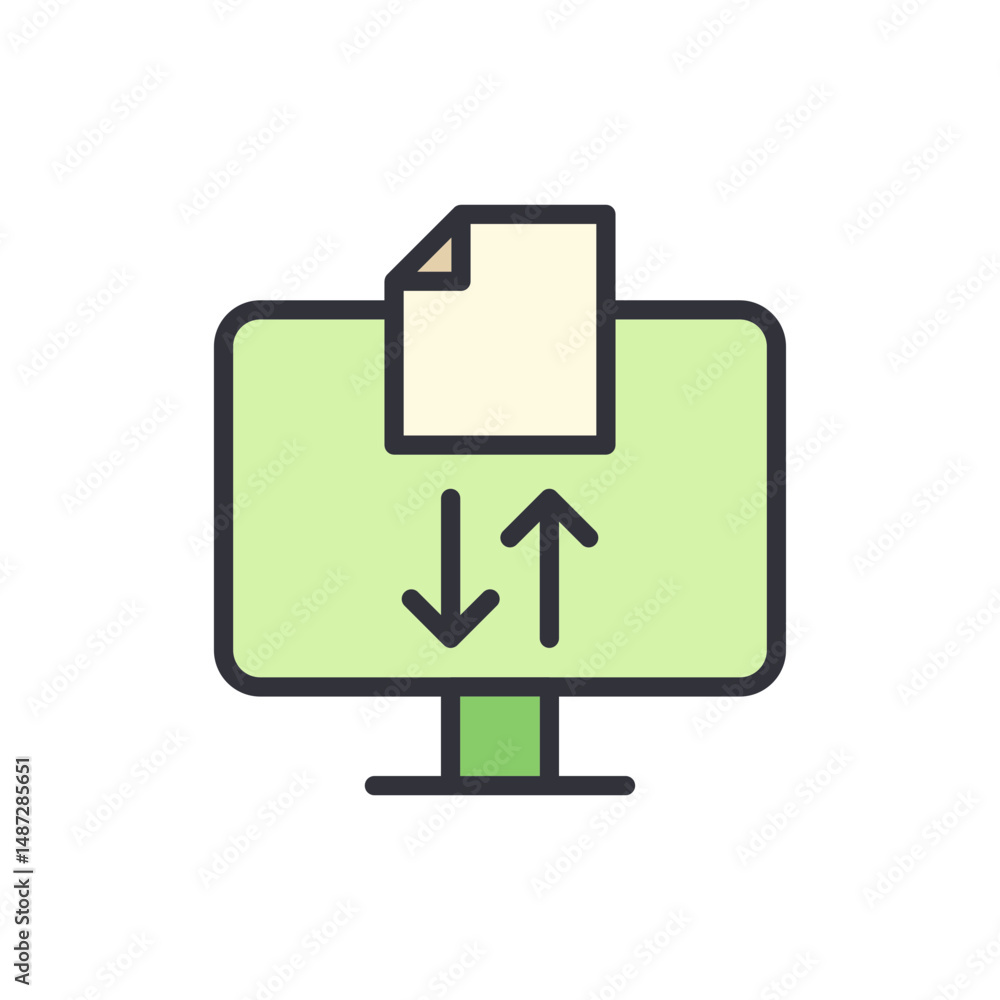 Poster file transfer depiction on a monitor with arrows up and down direction