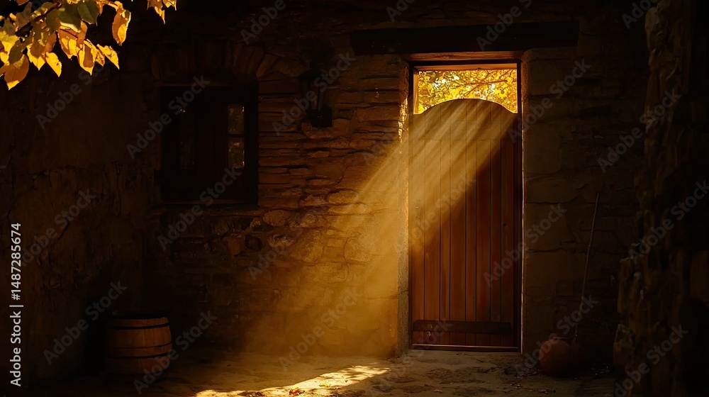 Poster sunlight streams through an open doorway into an aged stone building