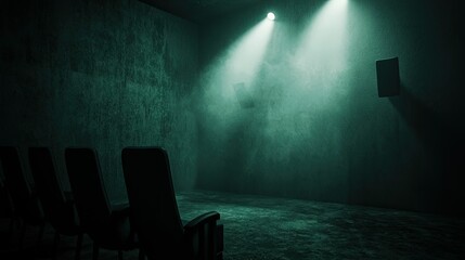 A dimly lit theater with chairs and suspended speakers on walls