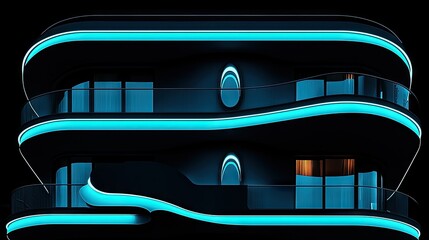 Modern building with vibrant neon lights and reflective glass balconies