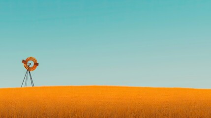 A singular rural windmill stands tall over the warm golden field