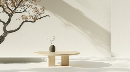 A minimalist composition featuring a tree and a wooden table
