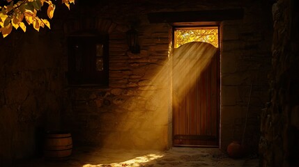 Sunlight streams through an open doorway into an aged stone building