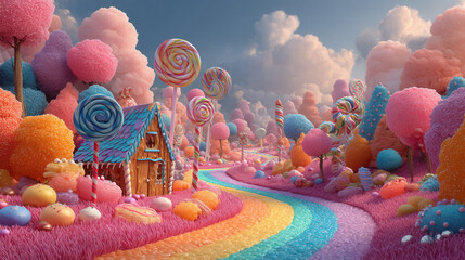 Explore a vibrant candy house nestled within a magical rainbow road landscape in a whimsical fantasy world of colorful delights